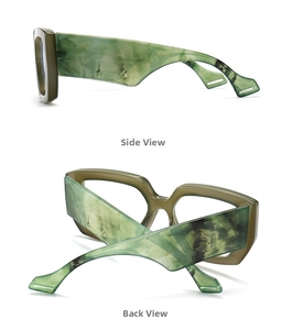 Detail of olive green translucent glasses frame with marble texture on the side arms