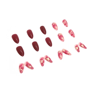 Burgundy and marble press-on nails with gold foil in almond shape for festive style