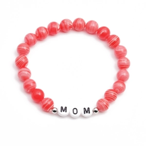 Minimalist red beaded MAMA bracelet with white marble texture beads and silver spacers