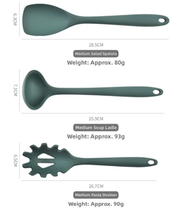 Detail view of deep green silicone utensils with dimensions for spoon, ladle and server