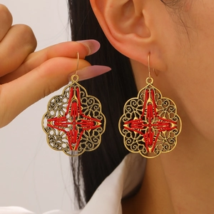 Bohemian gold hollow earrings with red embroidery and geometric floral patterns