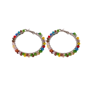 Colorful bohemian crystal beaded hoop earrings with silver finish for women