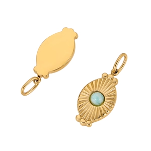 Macro view of gold sunburst pendant featuring turquoise stone and polished flat back