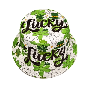 White St. Patrick's Day bucket hat with green lucky shamrock print for sun protection