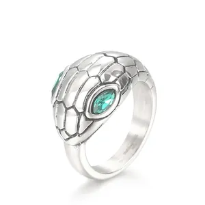 Snake Head Ring 316L Stainless Steel With Green Eyes Rhinestone Punk Style Animal Zodiac Polished For Men