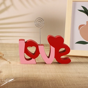 Creative LOVE wooden desktop ornament with heart design and metal photo clip