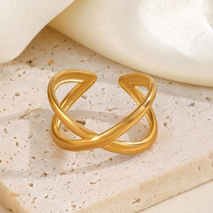 Minimalist 18K gold plated stainless steel X-shaped crossover adjustable ring for women