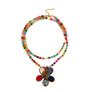Colorful handmade double-layer beaded flower necklace with bohemian style glass pendant