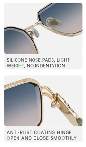Detail of square sunglasses showing soft silicone nose pads and durable metal hinges