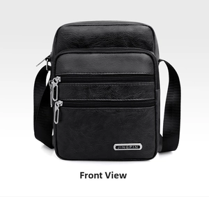 Front detail of black leather crossbody bag with multiple zipper compartments and logo