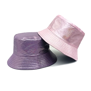 Fashionable holographic laser bucket hat in purple and pink with shiny metallic finish