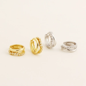S925 sterling silver double-row earrings with gold and silver finishes and pavé crystals