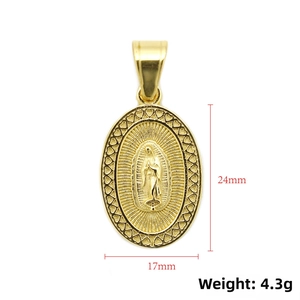 Detailed view of 316L gold plated Virgin Mary pendant with 24mm by 17mm dimensions
