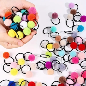 Colorful pom-poms hair ties set featuring high-density plush balls and elastic black bands