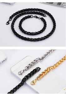 Detail view of titanium steel basket weave chains in black, silver, and gold finishes