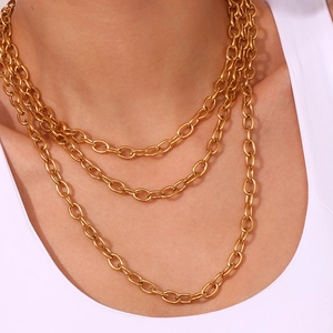 Close-up of triple-layered 18K gold plated stainless steel cable chains on model