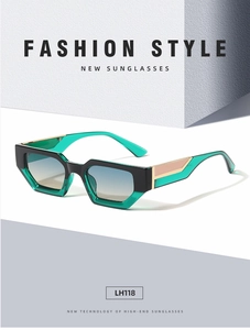 Detailed view of LH118 square frame sunglasses with gold temple accents and gradient lenses