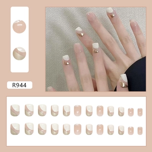 Minimalist square press-on nails in oat milk and silver glitter French style set