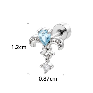 Silver iris flower stud earrings with blue teardrop zircon, 1.2cm height scale