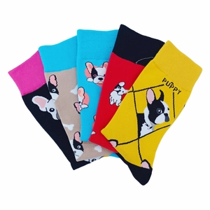 Fünf Paar Socken mit Cartoon-Welpenmotiven in Rot, Gelb, Blau, Schwarz und Beige