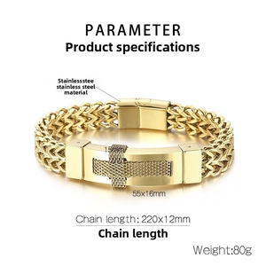 Detailed specs of men's gold stainless steel wheat chain bracelet with mesh ID tag