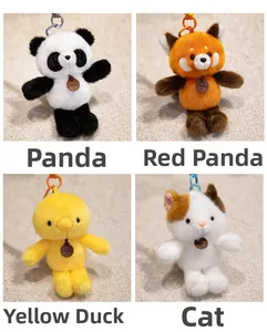 Cute plush animal keychain set featuring panda, raccoon, duck and cat with fashion charms