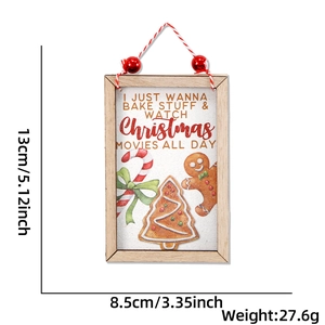 Christmas wooden gingerbread man sign with red bell, size detail showing 13x8.5cm dimensions