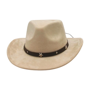 Beige faux suede western cowboy hat with brown leather star studded decorative band