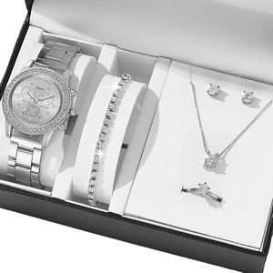 Elegant 5-piece silver women's watch set with sparkling diamond jewelry in a gift box