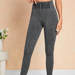 Pantalon de Yoga Taille Haute pour Femmes Gris Chiné Gym Wear Imprimé Lettres Leggings Push-Up Gainant Fitness Bas