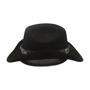 Detail of black wool felt cowboy hat with marble pattern band and brown cord accents
