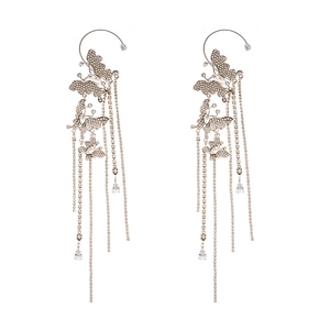 Elegant silver butterfly ear cuff with sparkling rhinestone tassels and waterdrop charms