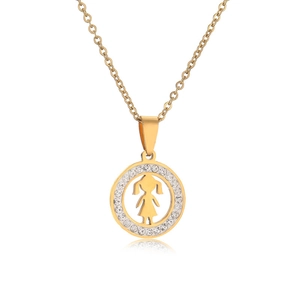 Gold mother necklace with hollow girl silhouette and sparkling crystal halo on cross chain