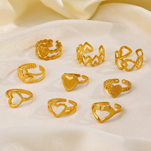 9-piece gold plated stainless steel heart rings set with adjustable open band for women