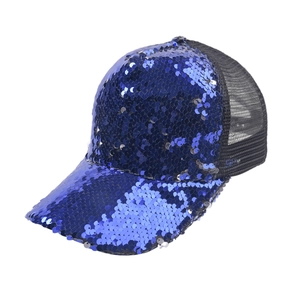 Macro detail of blue sequins on baseball cap with black mesh back for sun protection