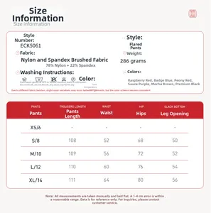 Size chart for brushed yoga set with detailed fabric specs and flare pant measurements