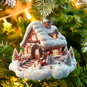 Christmas snowy cottage acrylic pendant with gold hanging rope on festive tree
