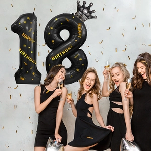 Ballon chiffre 18 noir de 40 pouces avec couronne et imprimé doré pour fête d'anniversaire