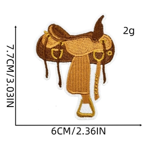 Brown western saddle embroidered patch with precise size dimensions on white background