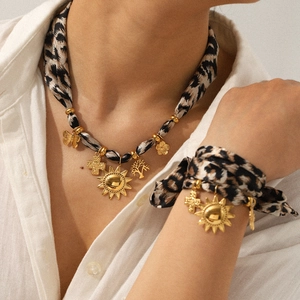 Leopard Print Ribbon Scarf Necklace With 304 Stainless Steel Sun Cross Butterfly Tree Of Life Pendants Gold Plated
