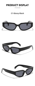 Three-view display of vintage Y2K cat-eye sunglasses with polished black frames