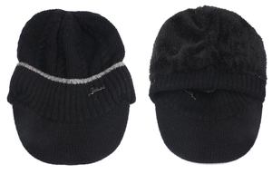 Macro view of black winter knit visor hat showing thick fleece lining and metal logo