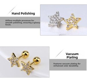 Macro detail of star-shaped stud earrings with hand-polished vacuum plating and zircons