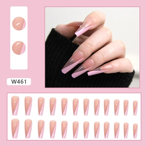 Long ballet press-on nails with nude base and pink slanted French tips, 24-piece set
