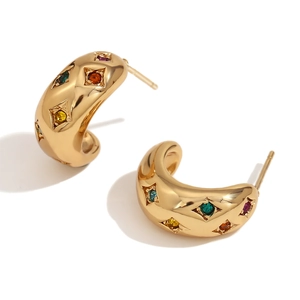 Vintage 18K gold plated stainless steel C-shape earrings with colorful zircon stars