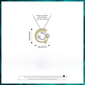 Detail view of 925 sterling silver star and moon necklace with size specifications