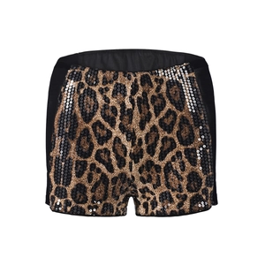 Close-up of leopard print sequins and mesh stitching on the women's elastic hot pants