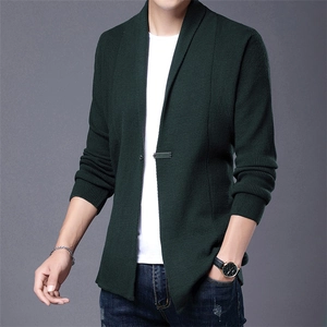 Men's dark green slim fit knitted cardigan jacket with single button for business casual wear