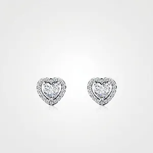 Heart Stud Earrings 925 Sterling Silver Cubic Zirconia Halo Micro Pave Elegant Minimalist Jewelry For Women Wedding Gift