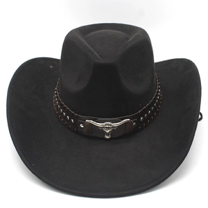 Detailed view of silver bull head emblem and metal studs on the black western cowboy hat